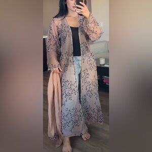 Blush Sheer Embroidered Abaya Kimono | Elegant Black Branch Embroidery